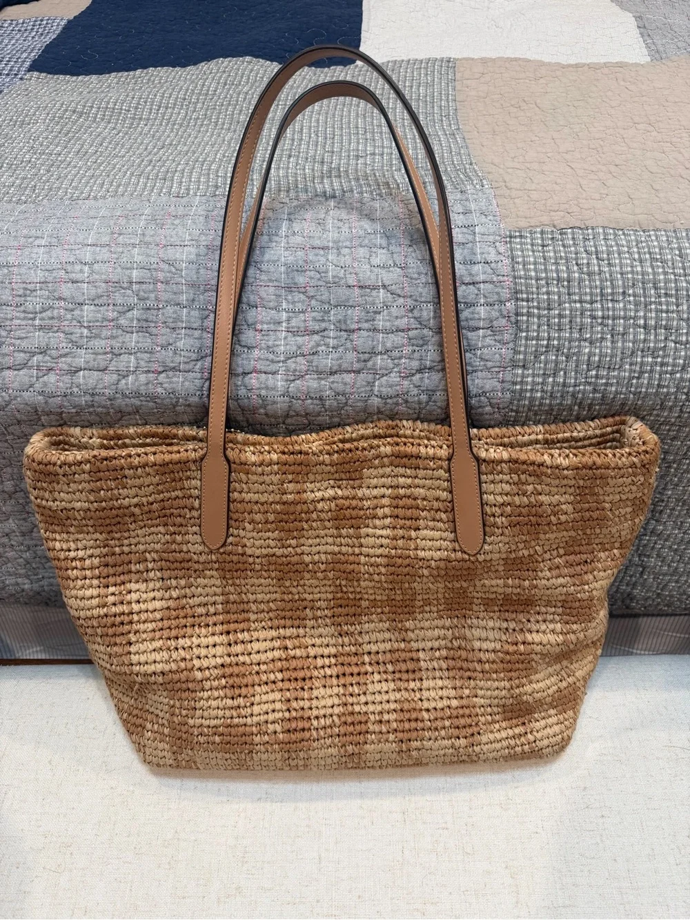 Coach Straw Woven Tote Brown & Tan w/ Leather Double Handles Snap, Lined, Charm